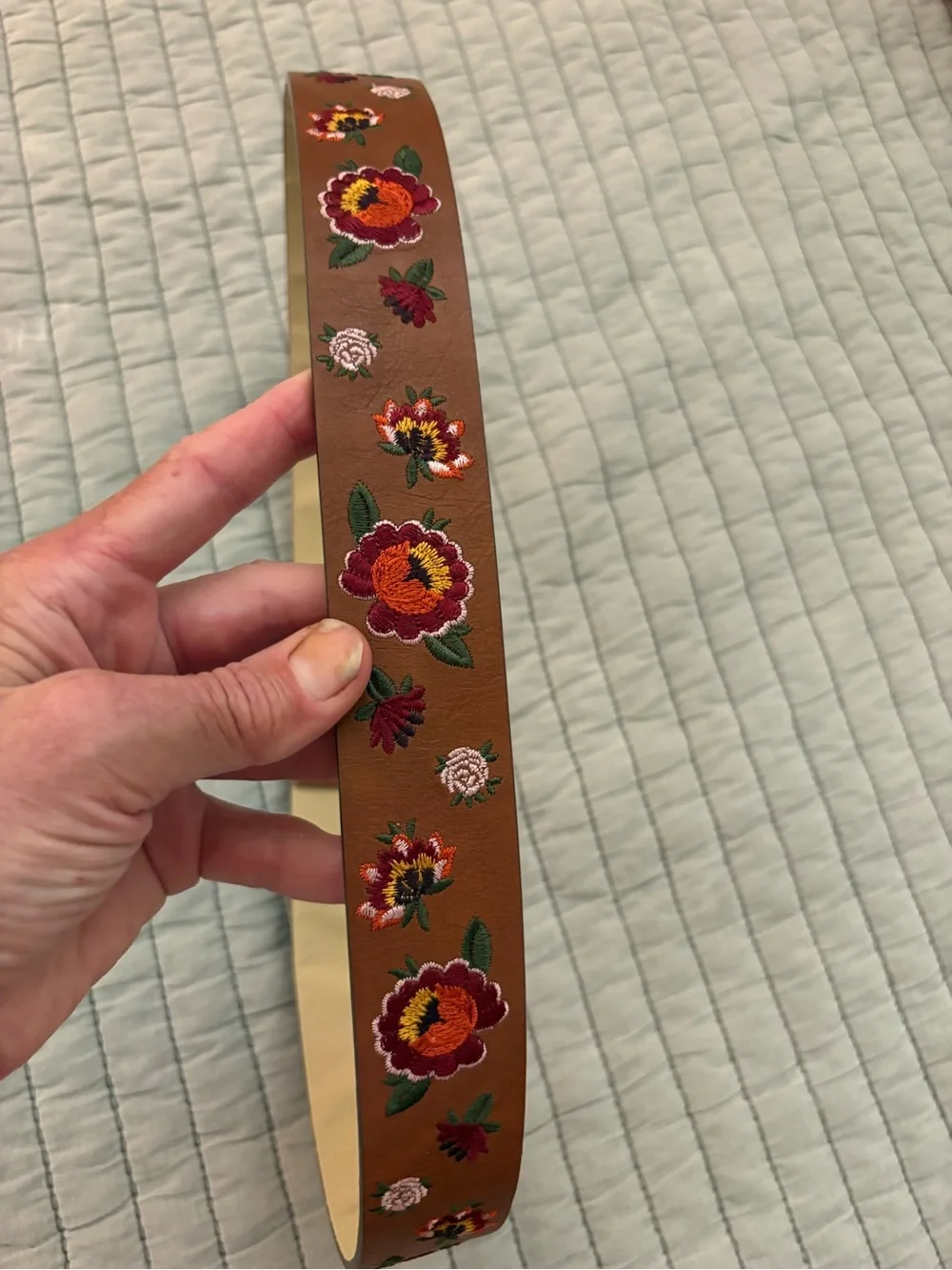 Embroidered Brown Leather Men's Belt with Floral Detail
